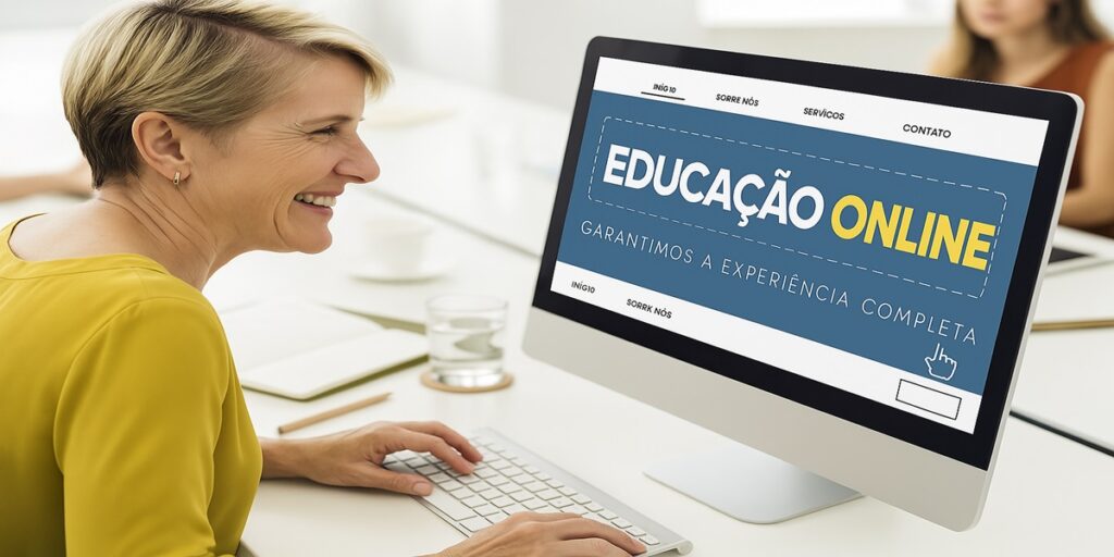 Pessoa navegando em site de ensino digital, com mensagem de experiência completa visível na tela