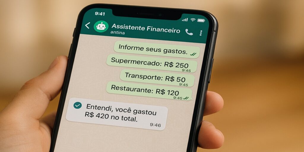 Celular exibindo conversa com assistente virtual que calcula gastos pessoais no WhatsApp